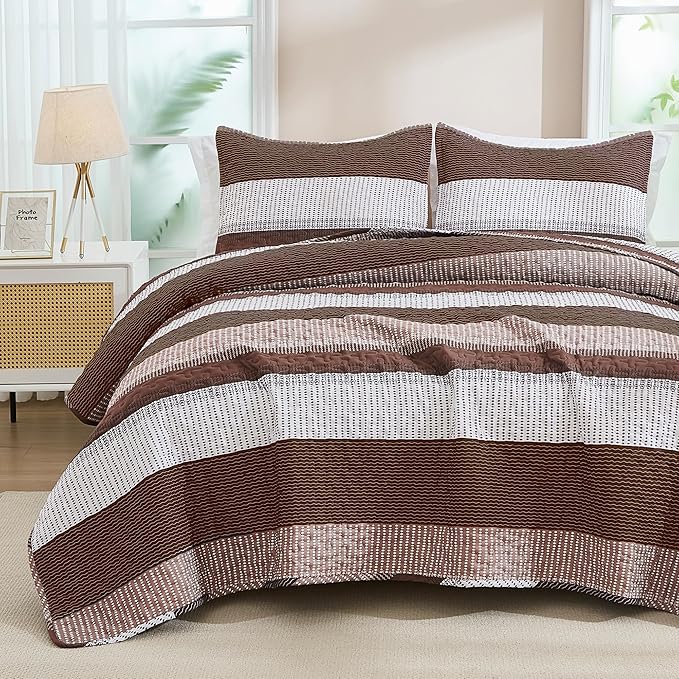 Andency Queen Quilt Bedding Set Brown, 3 Pieces Patchwork Coffee Striped Ultra by Andency