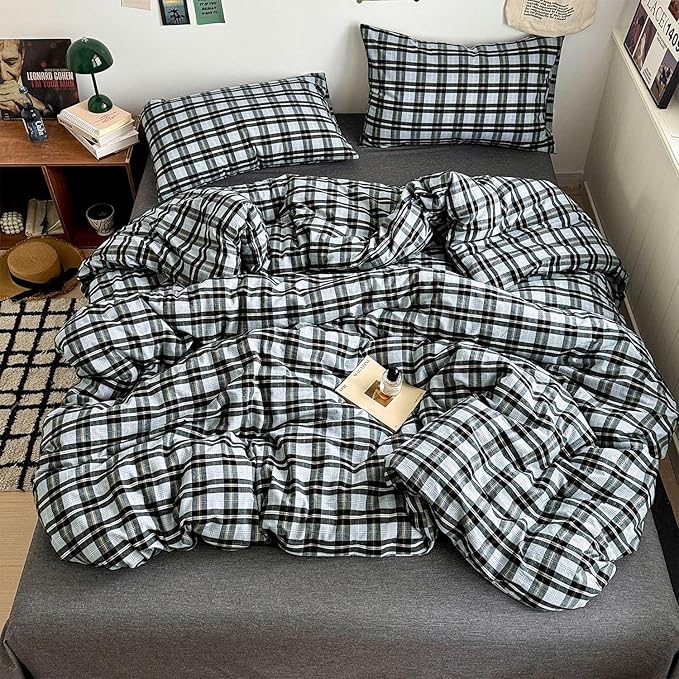 mixinni Vintage Grey & Pale Blue Buffalo Plaid Duvet Cover Set Full Size - Image 2