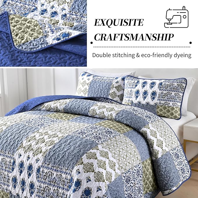 Mybedsoul Blue Quilt Set Queen Size 3 Pieces Boho Plaid Aqua Blue Floral - Image 3