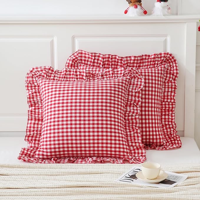 2 Pack 26x26 inches Red/White Gingham Pillow Cover 100% Washed Cotton Ruffled by Qilunn