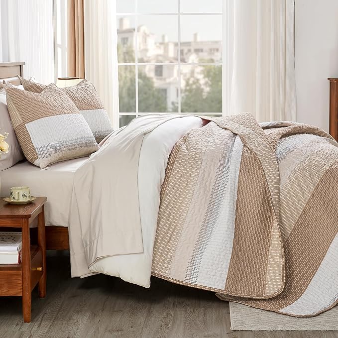 Andency Taupe Striped Quilt Set Cal King, 3 Pieces Patchwork Bedspread Coverlet - Image 2