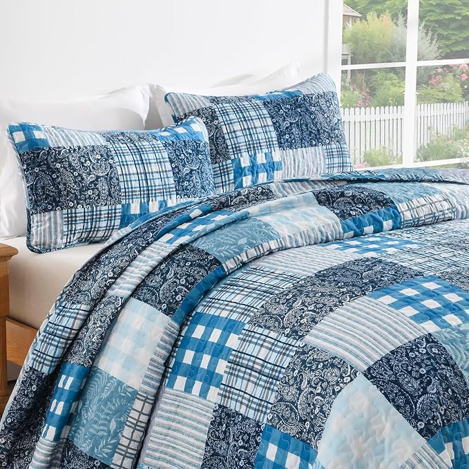 Xruibed Blue Quilt Set King Size 3 Pieces Plaid Floral Boho Bedspread Coverlet - Image 5