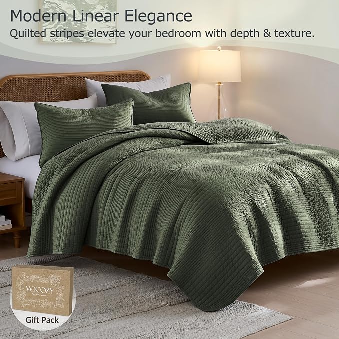 palassio Striped Olive Green 100% Cotton Quilt Twin Size Bedding Sets, - Image 2