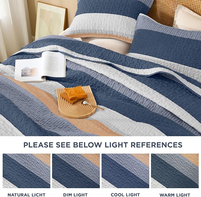 Litanika Quilt King Size BlueO, Stripe Patchwork Summer Bedspread Coverlet 3 - Image 6