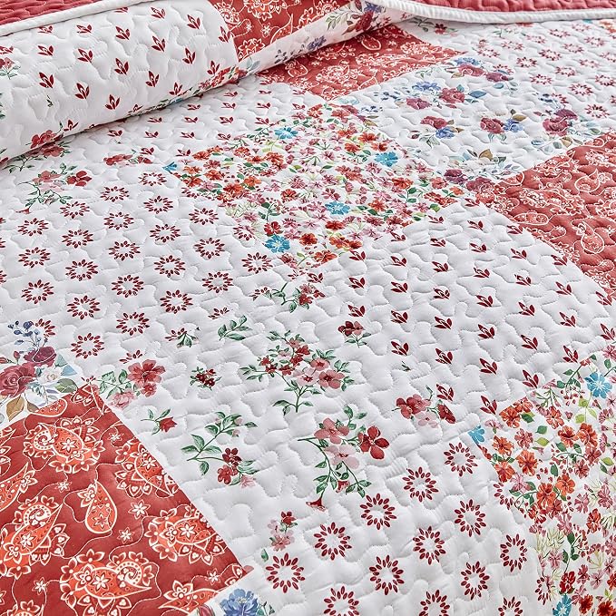 Joyreap 2 Pieces Floral Patchwork Quilt Set Twin, Burgundy Red n White Flowers - Image 7
