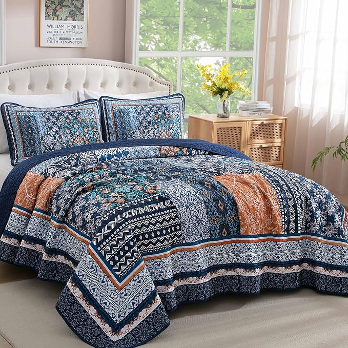 WONGS BEDDING Navy Blue Quilt Set King Size, Bohemian Patchwork Bedspread - Image 2