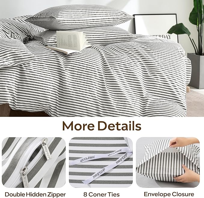 JELLYMONI 100% Natural Cotton 3pcs Striped Duvet Cover Sets, - Image 5