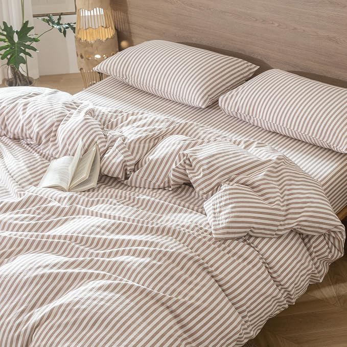 MooMee Striped Duvet Cover Set 100% Washed Cotton Linen Like Textured - Image 8