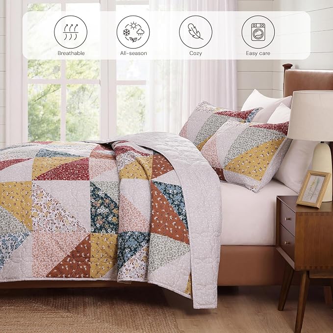 BLOOMHAVEN Quilt Set Queen Size, Patchwork Burnt Orange Floral Quilt Sets - Image 4
