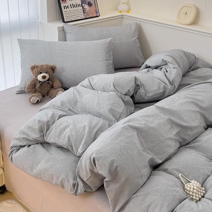 mixinni Grey Striped Duvet Cover Queen Size - Image 8