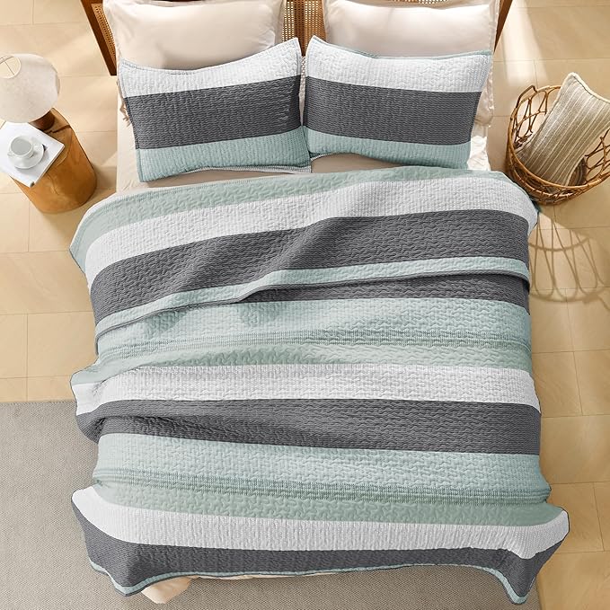 Litanika Twin Quilt Set Sage Green, 68x86 Stripe Bedspread Coverlet 2 Pieces - Image 3