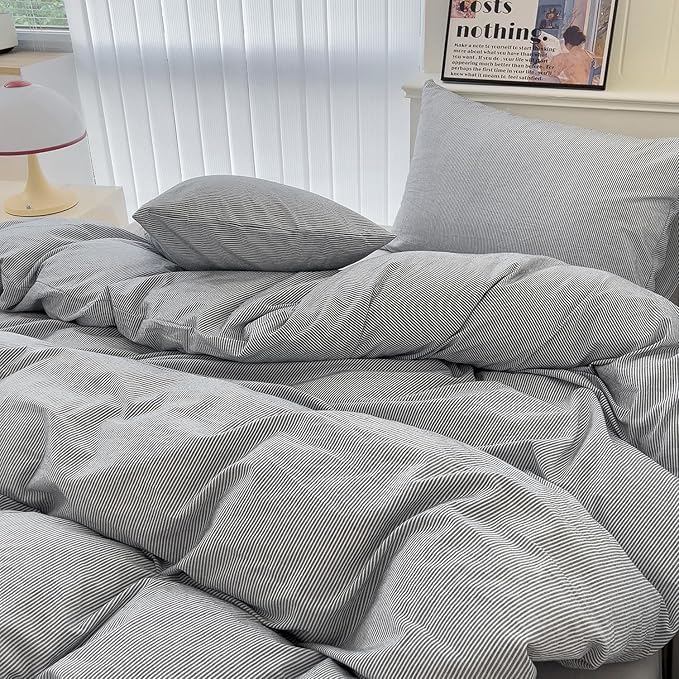 mixinni Grey Striped Duvet Cover Queen Size - Image 5