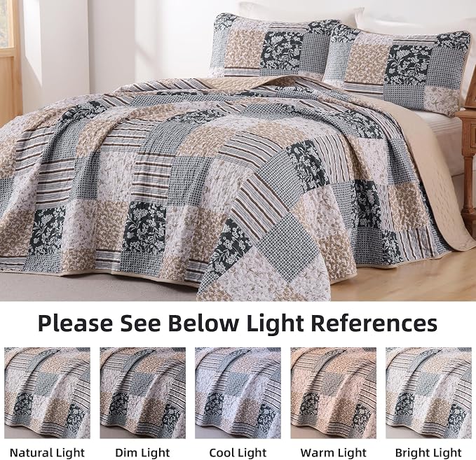 Mybedsoul Patchwork Quilt Set King Size, 3 Pieces Blue Brown Floral Plaid - Image 8