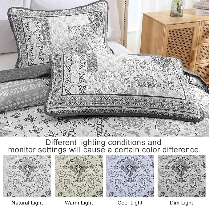 WONGS BEDDING Grey Quilt Set King Size, Bohemian Floral Patchwork Bedspread - Image 5