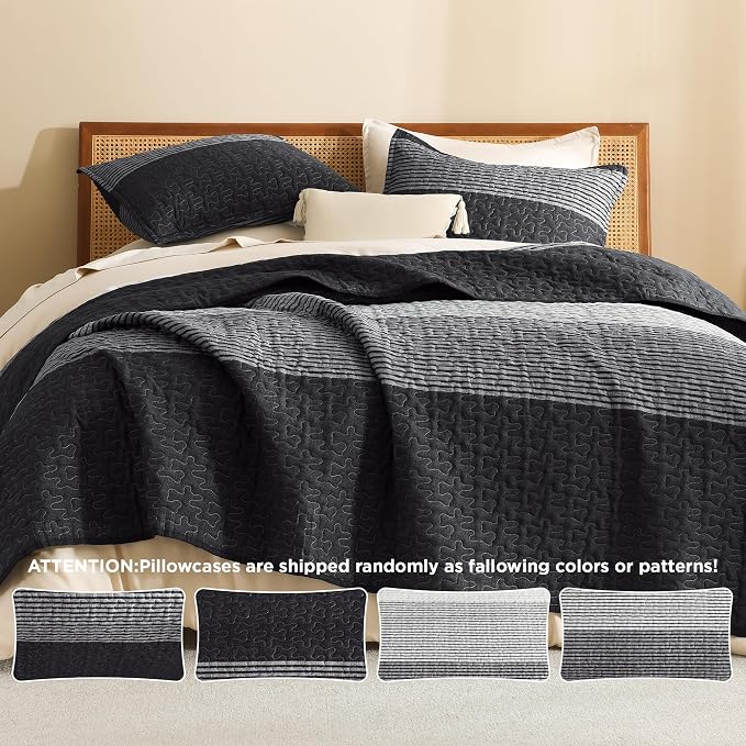 Litanika Oversized King Quilt Set Black and White, 120x120 Stripe Bedspread - Image 5