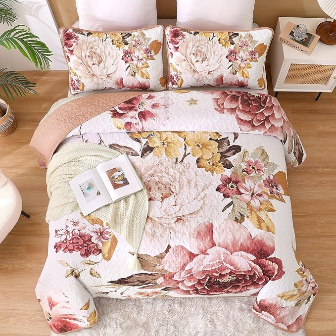 WONGS BEDDING Blush Floral Quilt Set Queen, Elegant Flower Bedspread Coverlet - Image 2