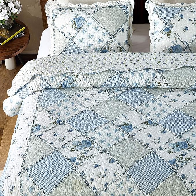 VIVILINEN Blue Floral Patchwork Quilt Set, Full Queen Size, 3 Piece Bedding Set - Image 4