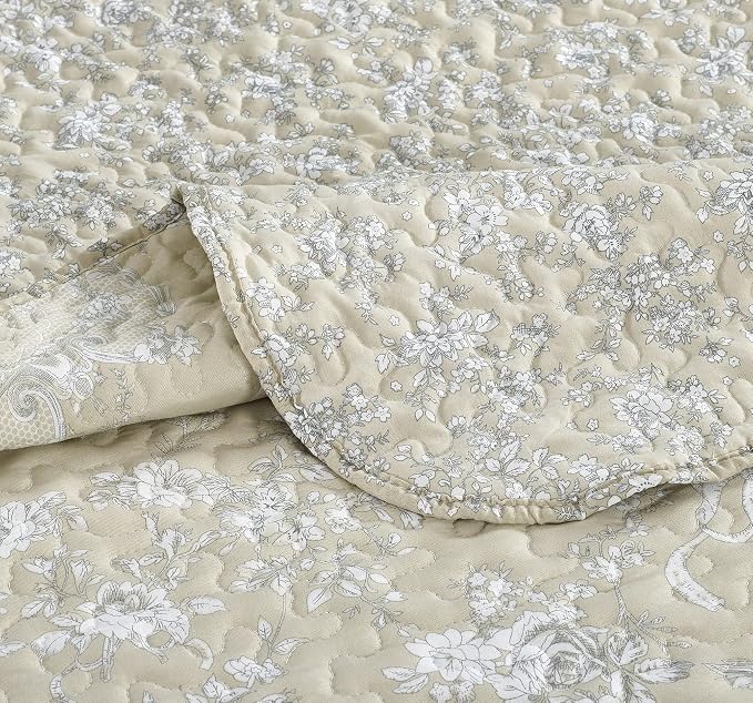 Brilliant Sunshine Classic Grey Floral Toile in Beige Background, 3-Piece Quilt - Image 6