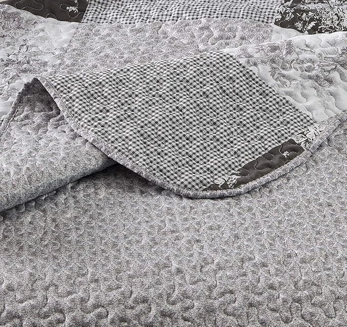 Brilliant Sunshine Grey Toile Floral Patchwork, 2-Piece Quilt Set - Image 6