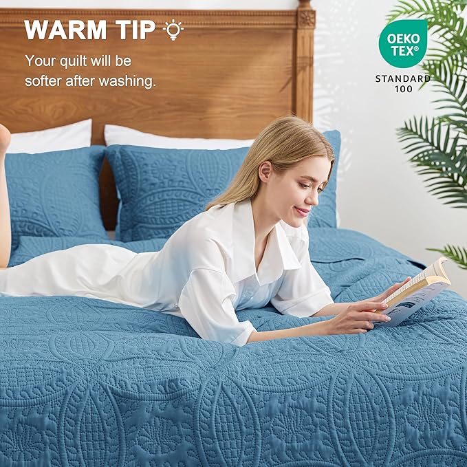 Love's cabin Oversized King Size Quilt Bedding Set Misty Blue Bedspreads - Image 4