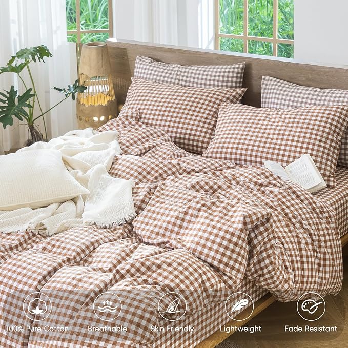MooMee Gingham Duvet Cover Set 100% Washed Cotton Linen Like Textured - Image 4
