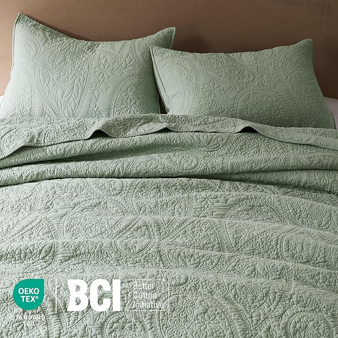 PALASSIO Sage Green Paisley 100% Cotton Quilt King Size Bedding Sets - Image 3