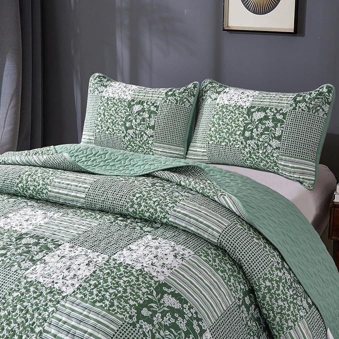 Mybedsoul Sage Green Boho King Quilt Set, 3-Piece Reversible Soft Plaid Floral - Image 8
