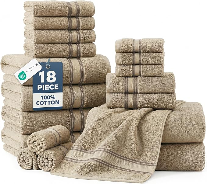 LANE LINEN Towel Set for Bathroom – 18-Pack 100% Cotton Towel, Zero Twist by LaneLinen