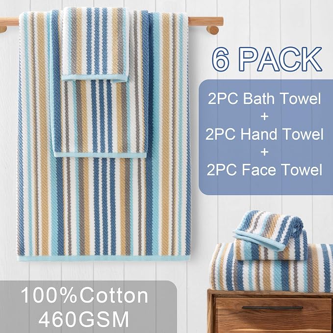 Striped Towels Set, 2 Bath 28"x52", 2 Hand 16"x27", 2 Face 13"x13", Luxury Bath - Image 3