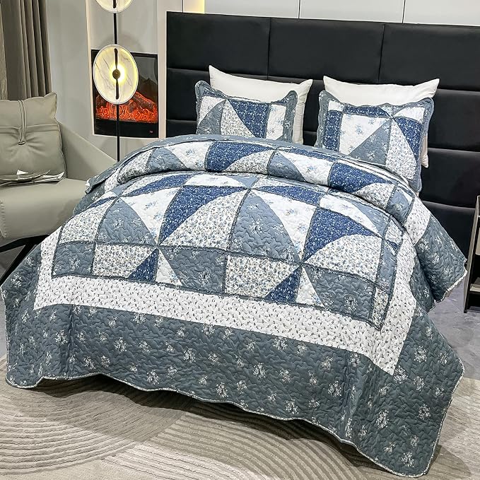 Patchwork Quilt Set King Size Quilted Bedspread Coverlet Set 3-Piece Grey - Image 3