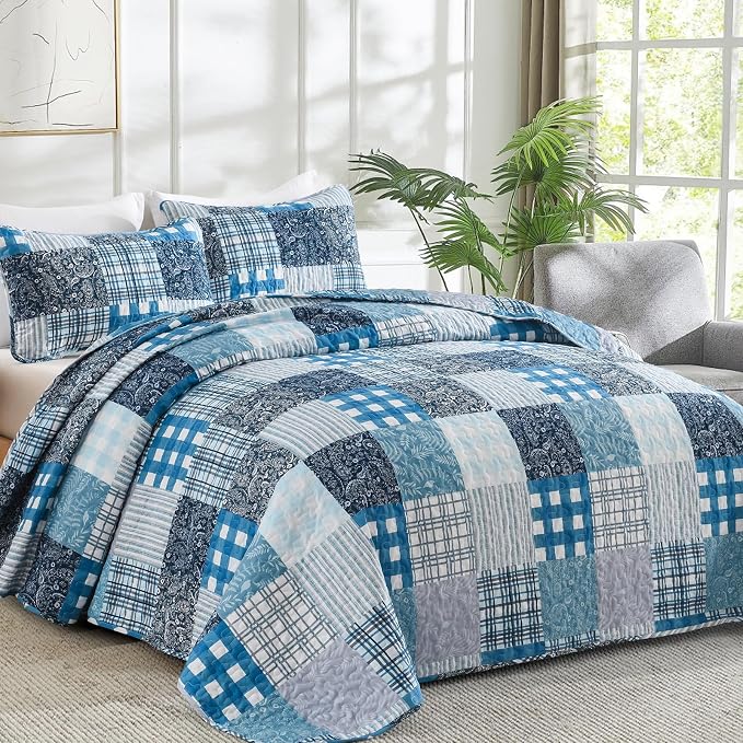 Xruibed Blue Quilt Set King Size 3 Pieces Plaid Floral Boho Bedspread Coverlet - Image 2