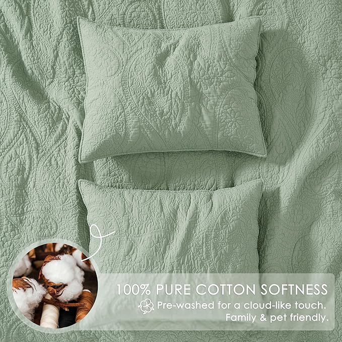 PALASSIO Sage Green Paisley 100% Cotton Quilt King Size Bedding Sets - Image 4