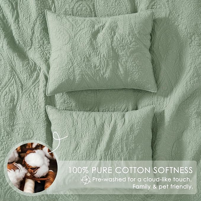 palassio Sage Green Paisley 100% Cotton Quilt Twin Size Bedding Sets - Image 4