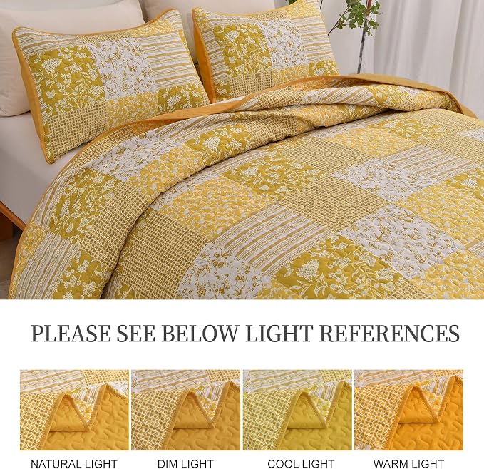 Mybedsoul Yellow Boho Quilt Set Queen Size, 3 Pieces Plaid Floral Bedspread - Image 8