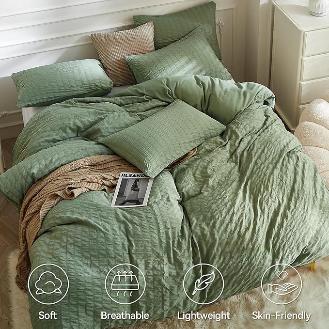 JELLYMONI Dark Green Duvet Cover Twin Size, Soft Breathable Seersucker Duvet - Image 2