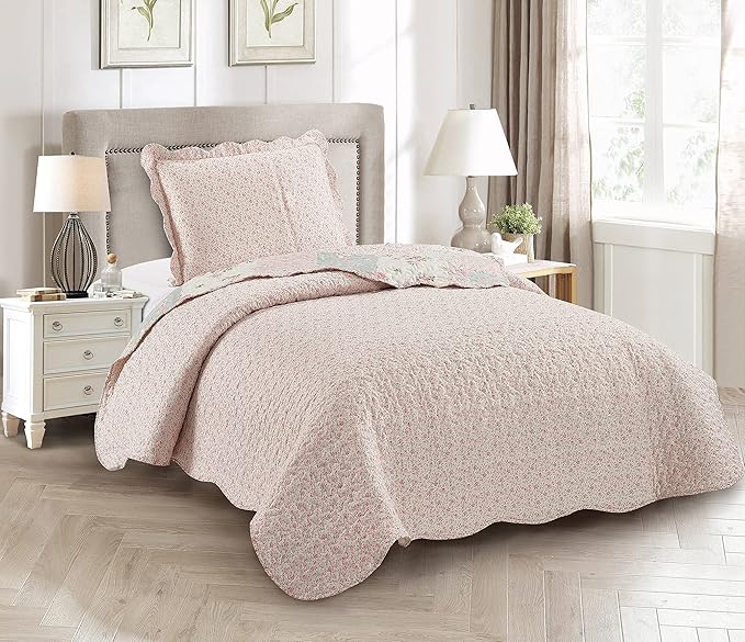 Brilliant Sunshine Rose and Sage Quilt Set, 2-Piece Bedding Sets, Traditional - Image 5