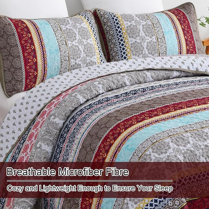 WONGS BEDDING Boho Quilt Set Queen Size, Lightweight Microfiber Bedspread - Image 5