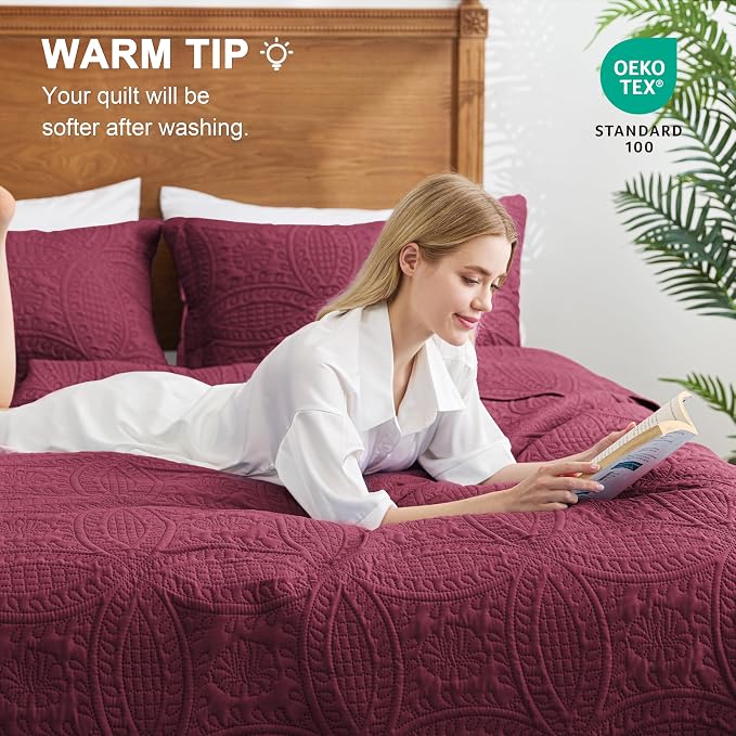 Love's cabin Oversized King Size Quilt Bedding Set Burgundy Bedspreads - Image 4