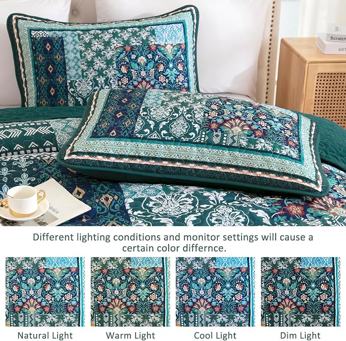 WONGS BEDDING Green Quilt Set Queen Size, 3 Pieces Boho Patchwork Quilt - Image 7
