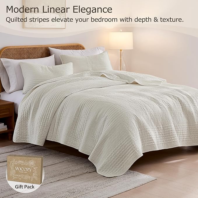 palassio Striped Beige 100% Cotton Quilt Twin Size Bedding Sets, Lightweight - Image 2