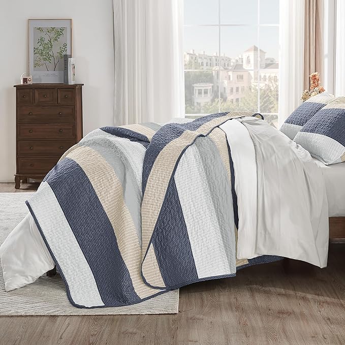Andency California King Quilt Set Yellow Blue, 3 Pieces Ultra Soft Lightweight - Image 4