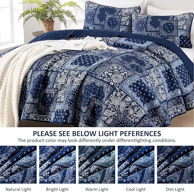 Cottolester Blue Patchwork Quilt Set King Size, Boho Navy Blue Quilt Set - Image 3