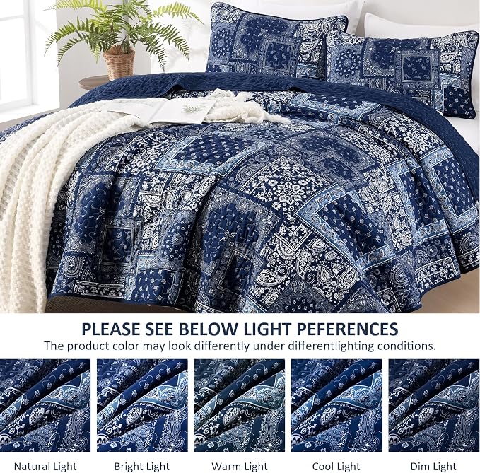 Cottolester Blue Patchwork Quilt Set Queen Size, Boho Navy Blue Quilt Set - Image 4