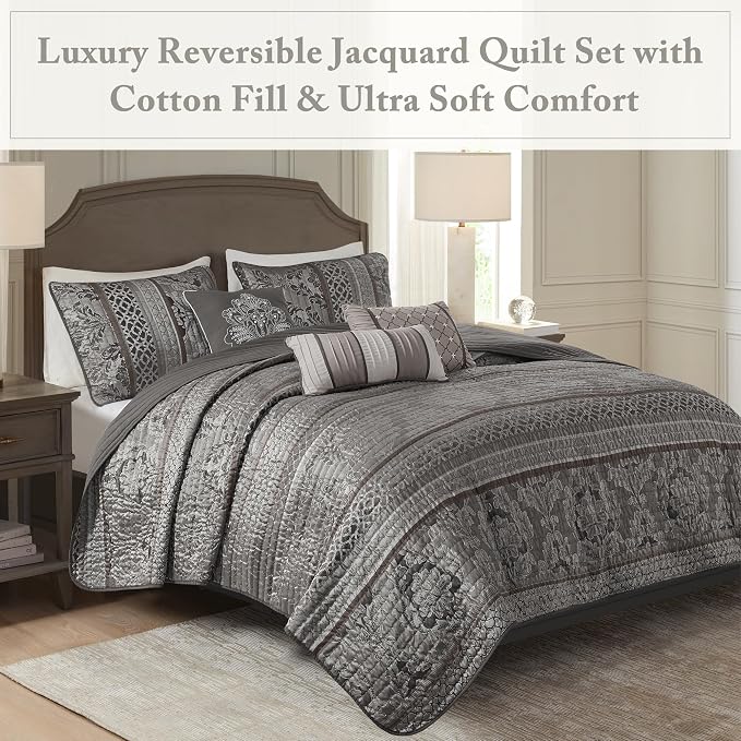 Madison Park Quilt Traditional Damask Design All Season, Lightweight Coverlet - Image 2