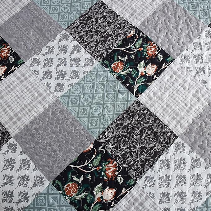 Xruibed Floral Plaid Patchwork Quilt Set Queen Size 3 Pieces Blue Gray - Image 5