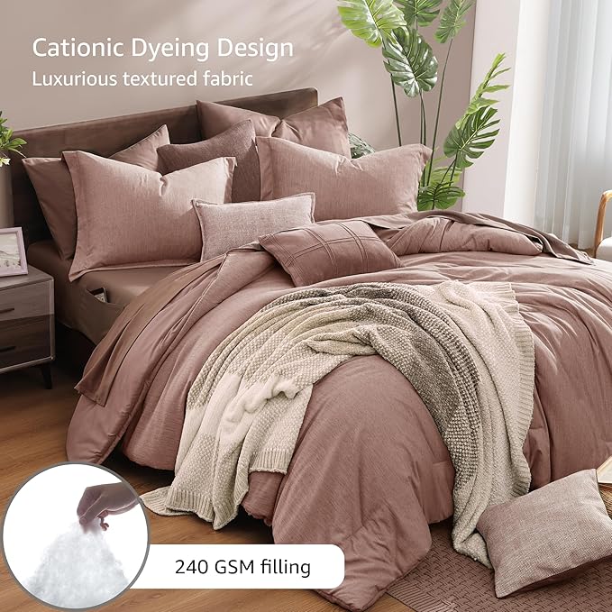 Monbix Full Size Comforter Set-7 Pieces Dusty Pink Cationic Dyeing Bed in a Bag - Image 3