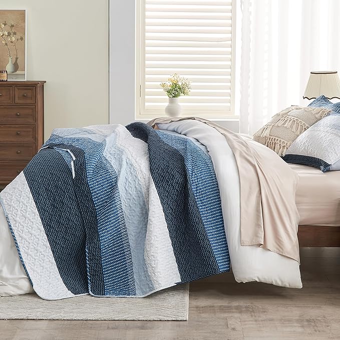 Andency Navy Blue Striped Quilt King, 3 Pieces Patchwork Bedspread Coverlet Set - Image 4