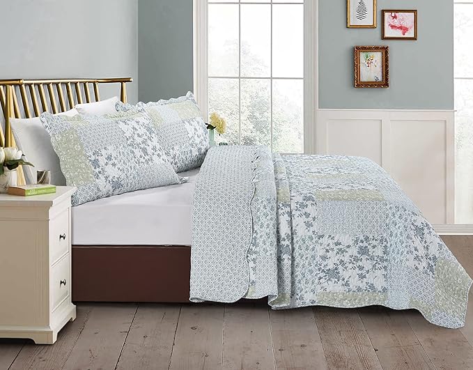 Brilliant Sunshine Multi Blue and Beige Floral Patchwork, 3-Piece Quilt Set - Image 2