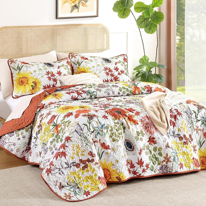 Yiran Fall Floral Quilt Set King Size, 3 Pieces Soft Lightweight Microfiber - Image 2