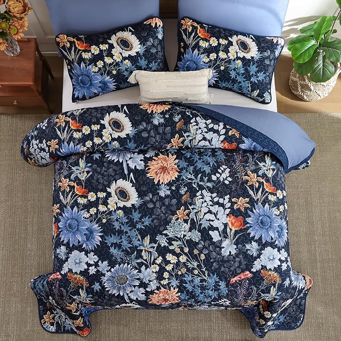 Yiran Navy Blue Sunflower Floral Quilts Queen Size, Botanical Fall Bedspread - Image 4